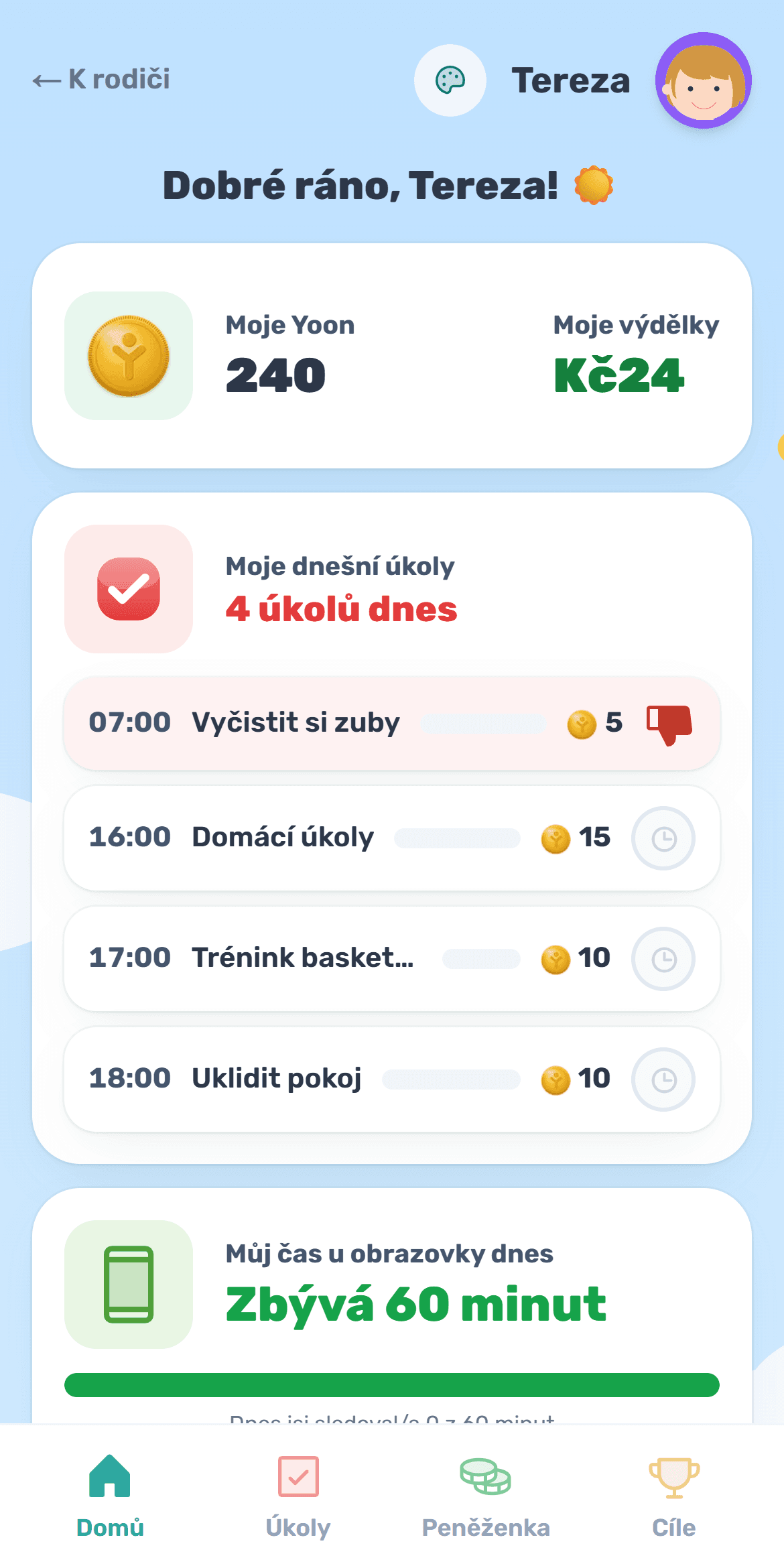 Obrazovka dítěte v Yooniz: pokladnička, úkoly a Yoon