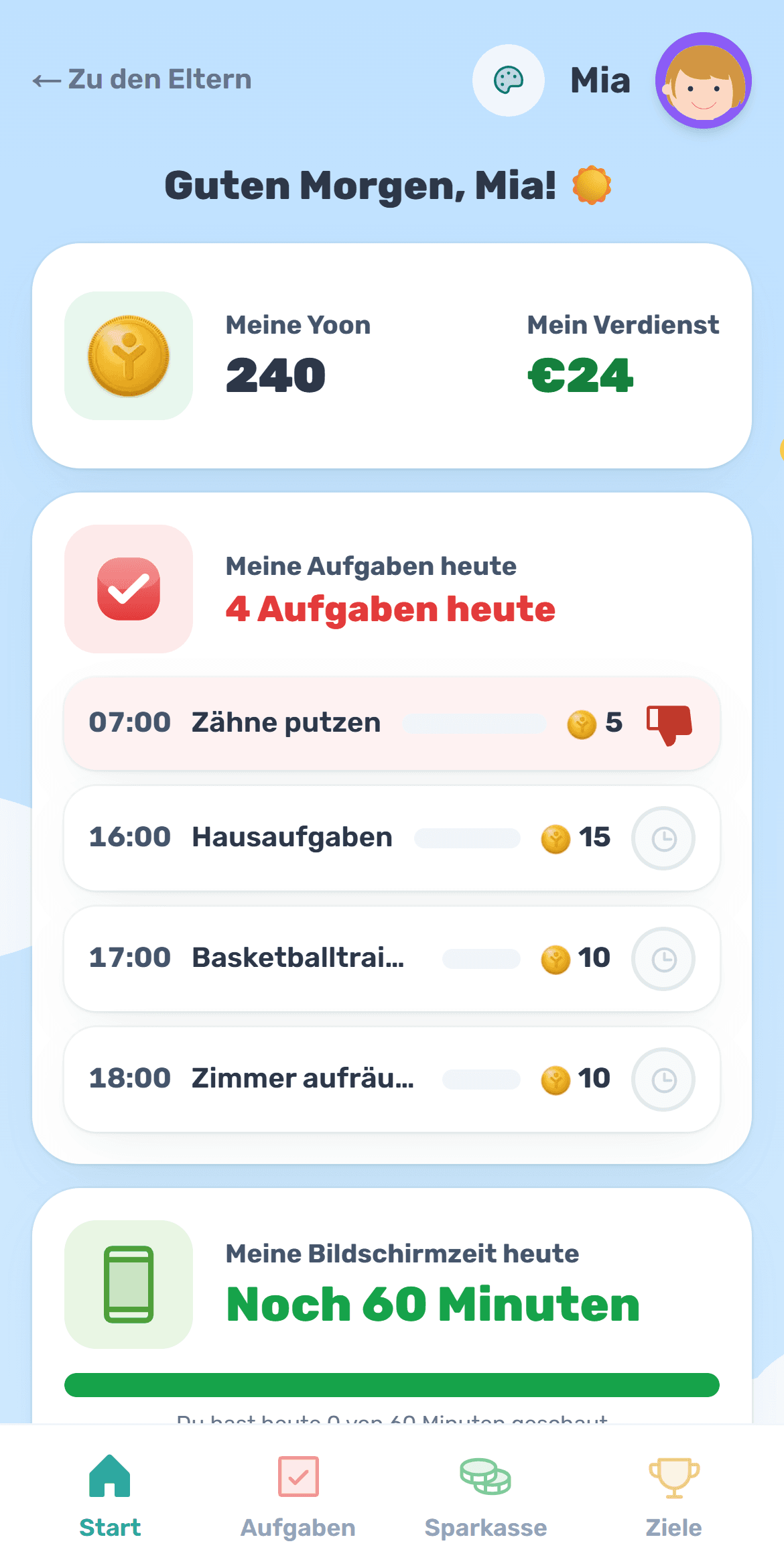 Der Yooniz-Bildschirm eines Kindes: Kasse, Aufgaben und Yoon