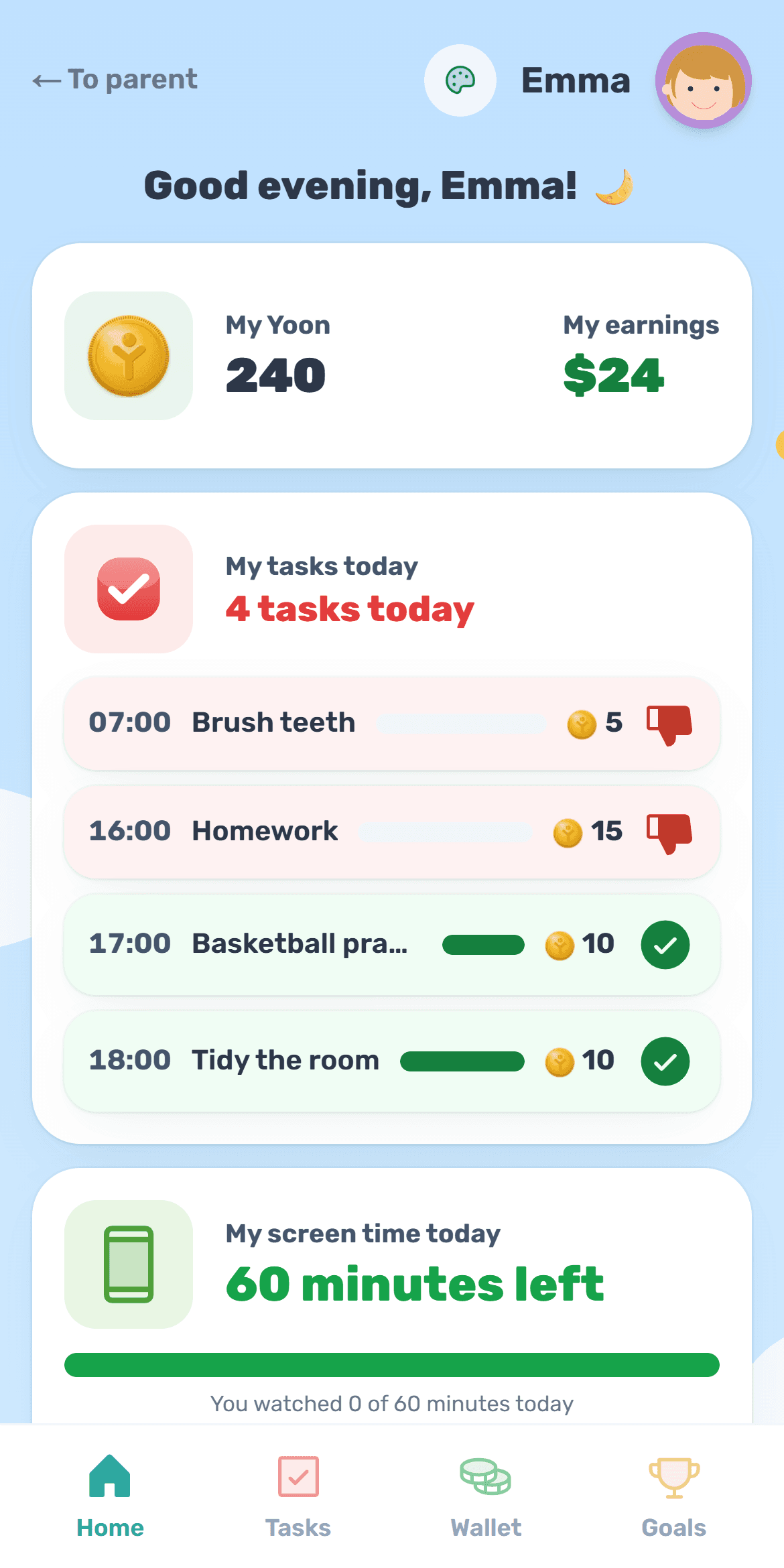 A child's Yooniz screen: pocket, tasks and Yoon