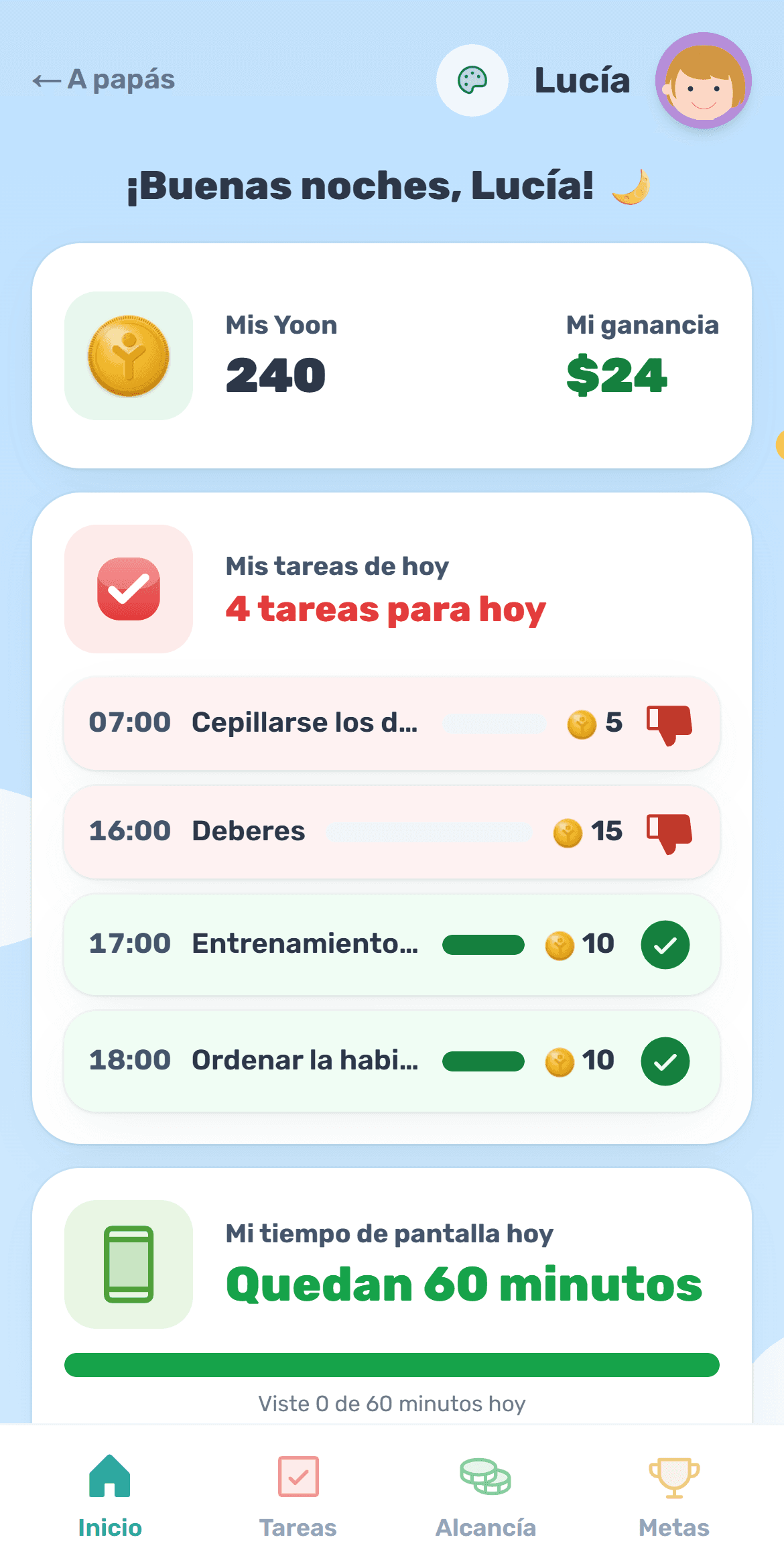 La pantalla del niño en Yooniz: su caja, tareas y Yoon