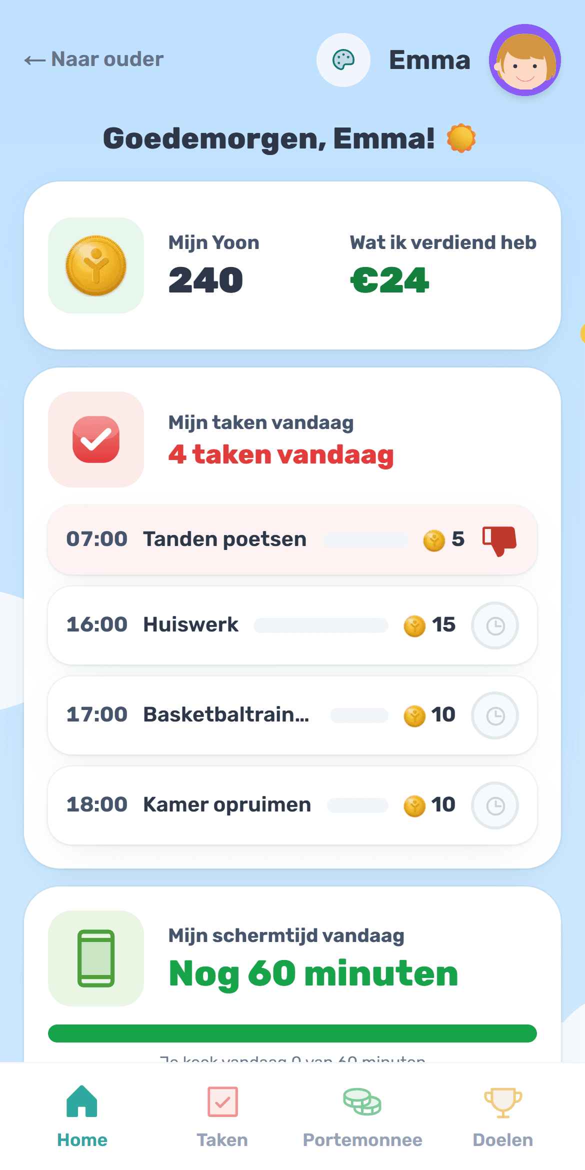 Het Yooniz scherm van een kind: potje, taken en Yoon