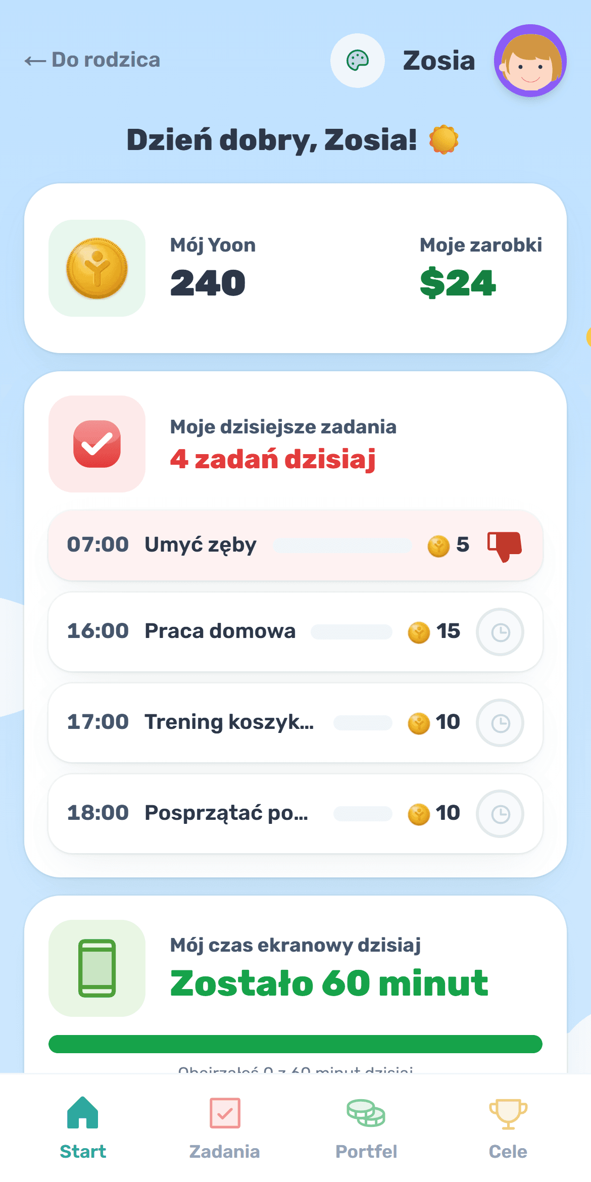 Ekran dziecka w Yooniz: skarbonka, zadania i Yoon