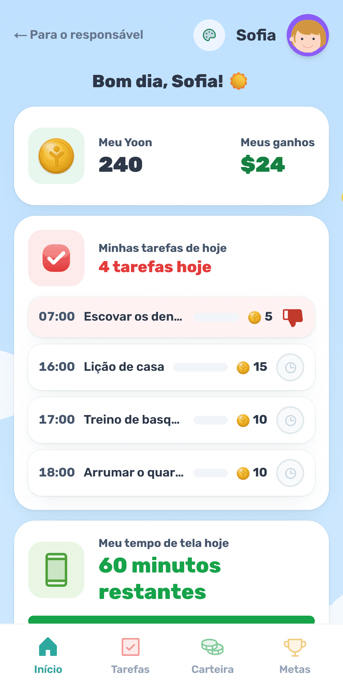 A tela da criança no Yooniz: cofrinho, tarefas e Yoon