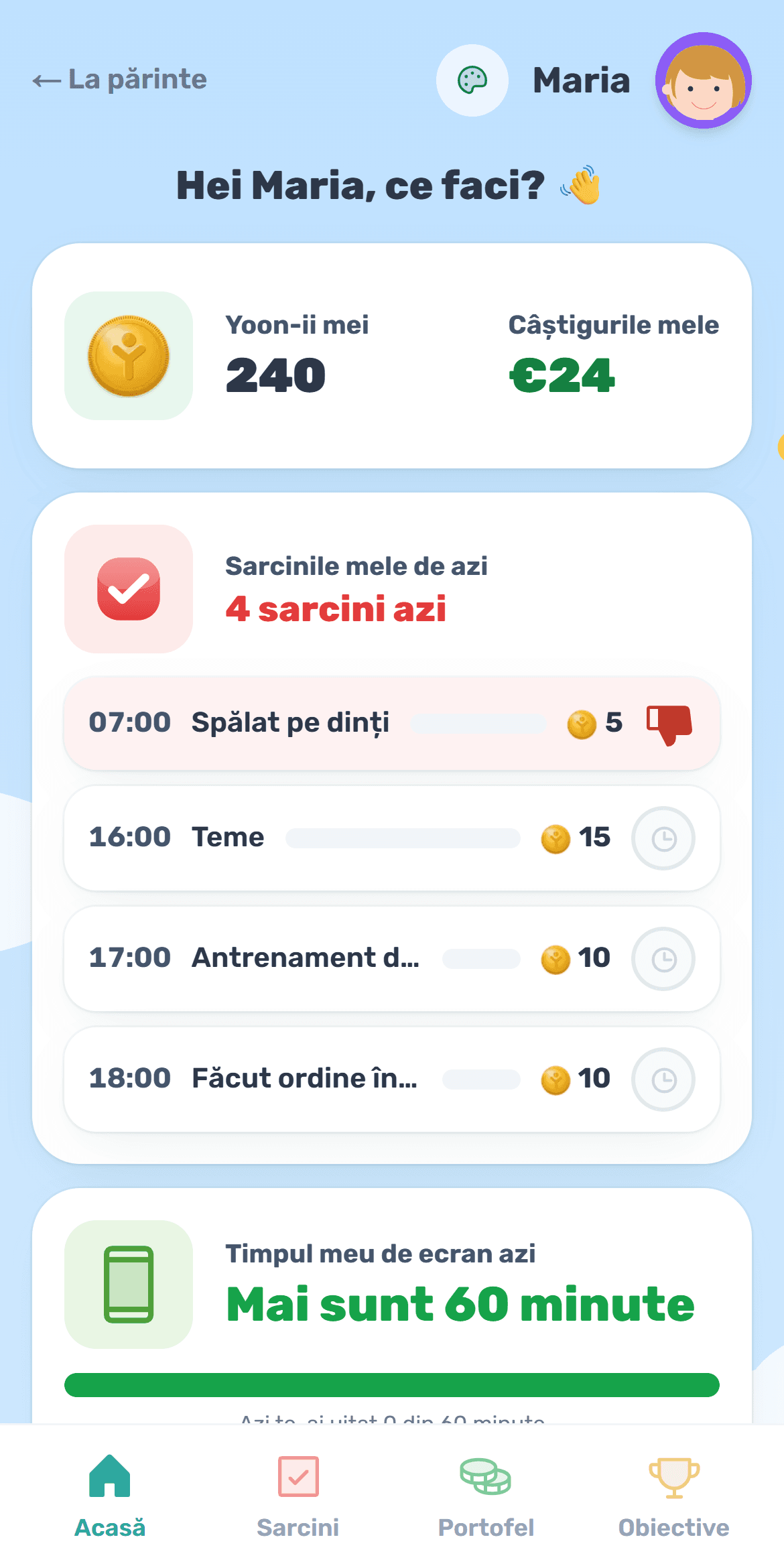 Ecranul Yooniz al unui copil: pușculiță, sarcini și Yoon