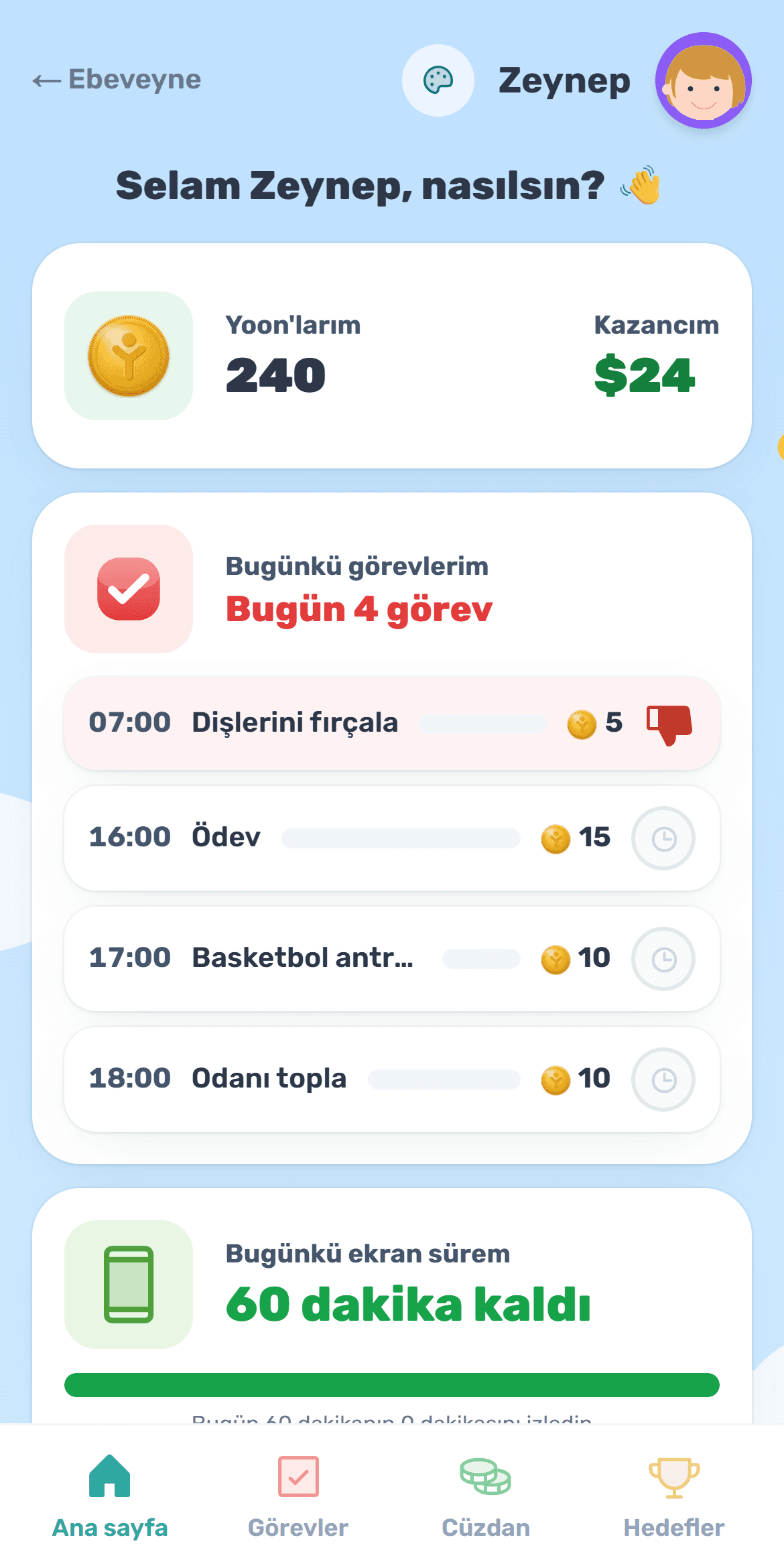 Bir çocuğun Yooniz ekranı: kumbara, görevler ve Yoon