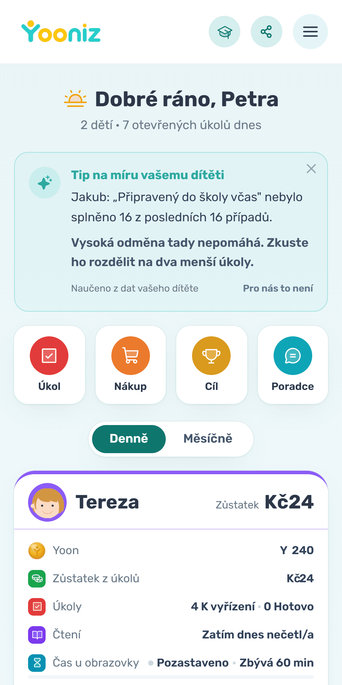 Rodičovský přehled v Yooniz