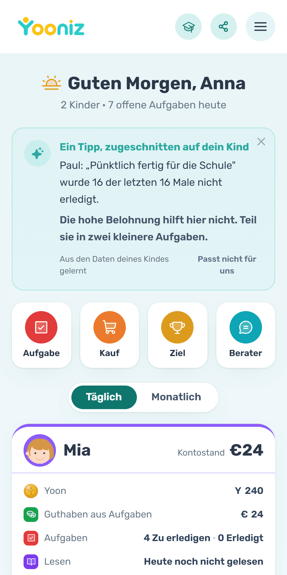 Das Eltern-Dashboard in Yooniz