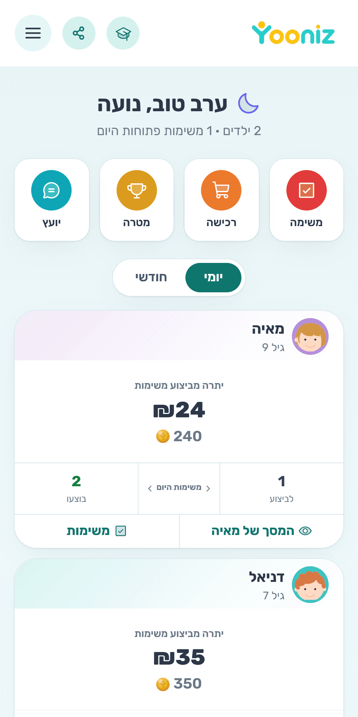 לוח הבקרה של ההורה ב-Yooniz