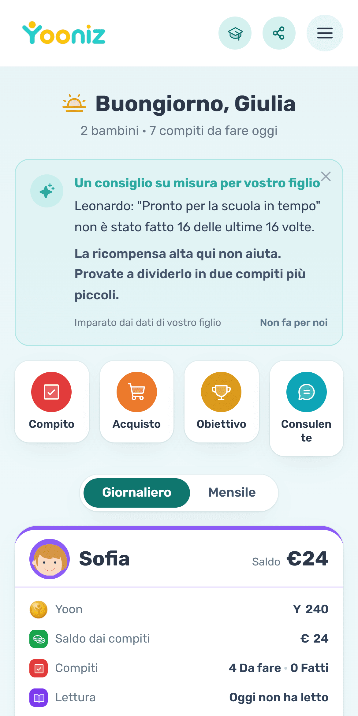 La dashboard del genitore in Yooniz