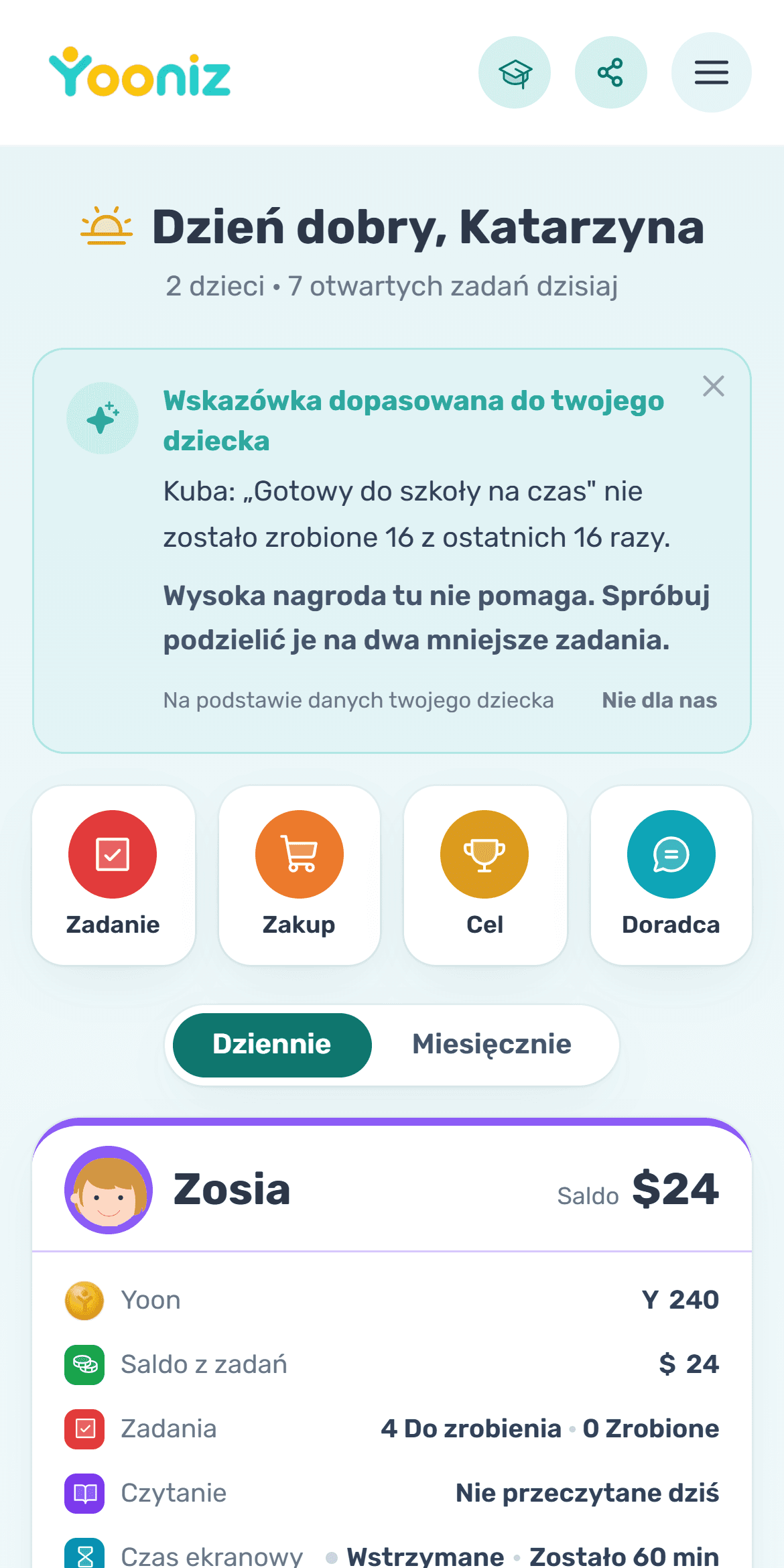 Panel rodzica w Yooniz