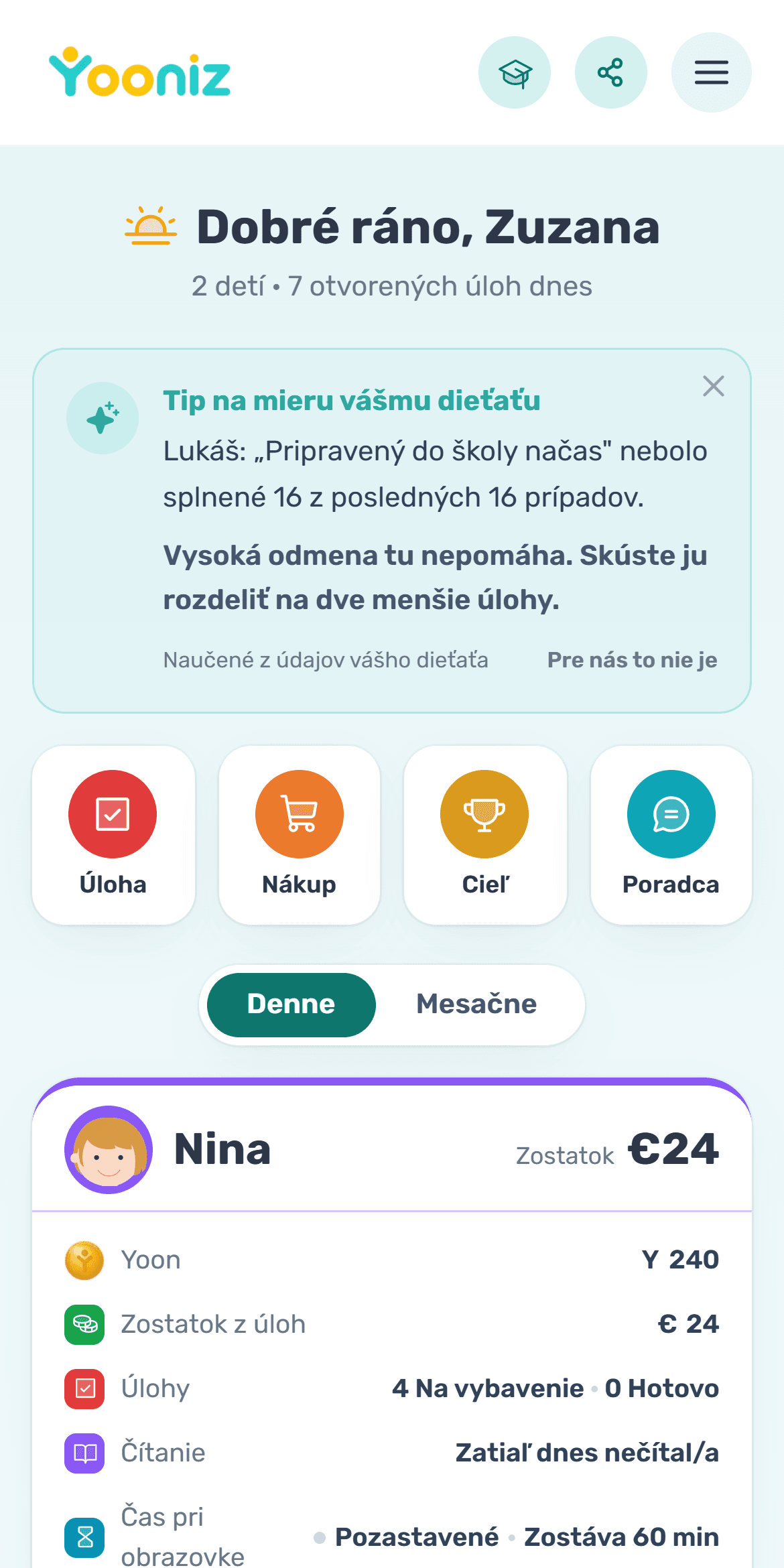 Rodičovský prehľad v Yooniz