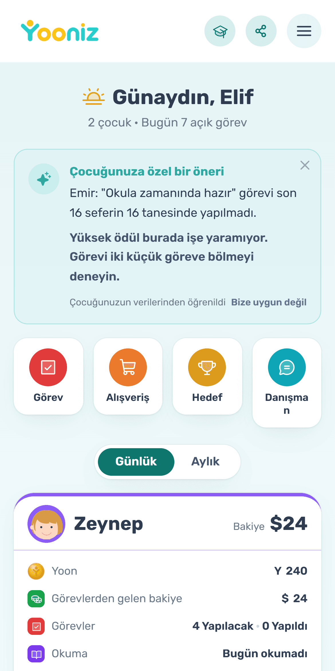 Yooniz'de ebeveyn paneli