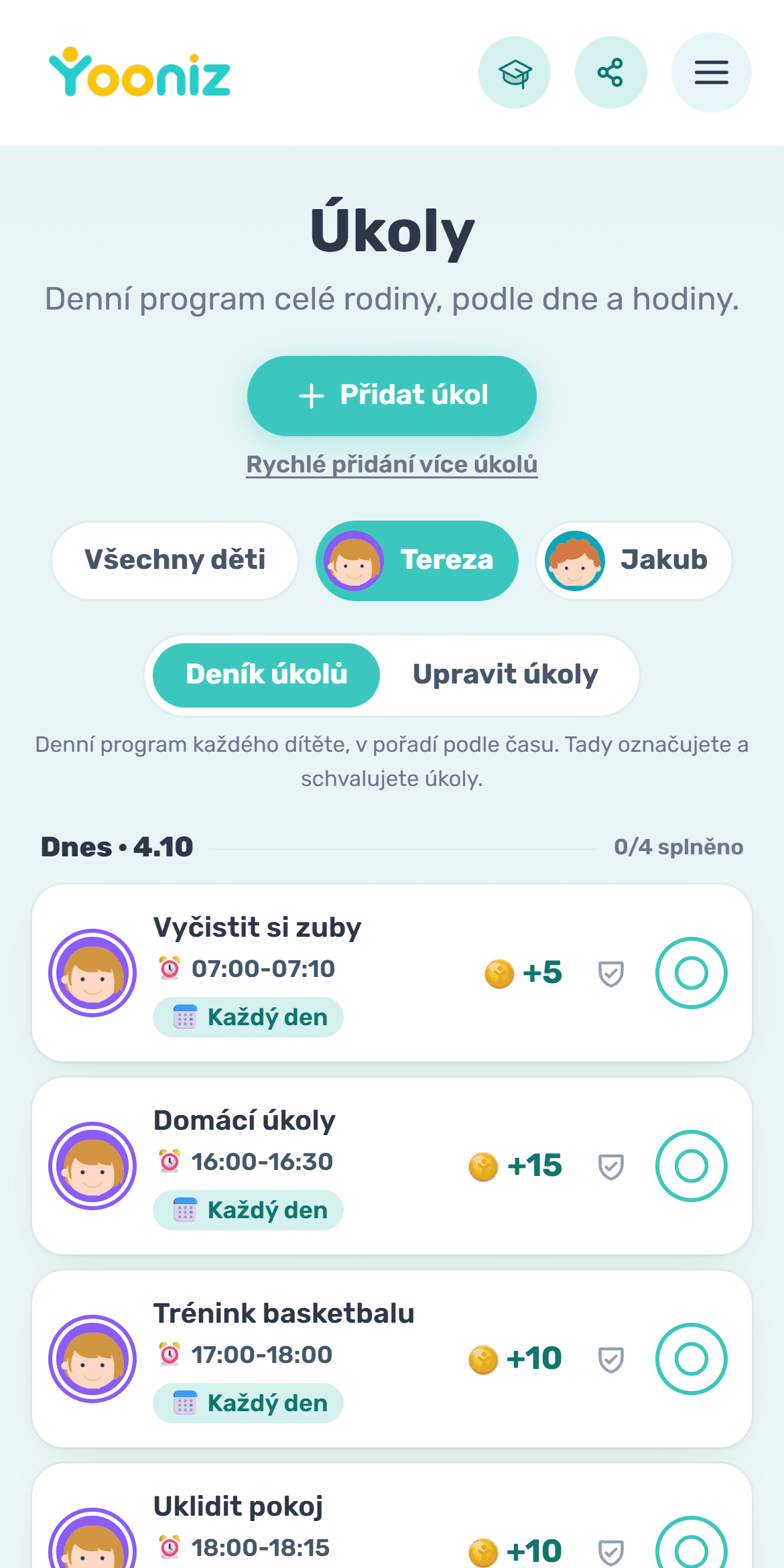 Nastavíte úkoly a denní režim