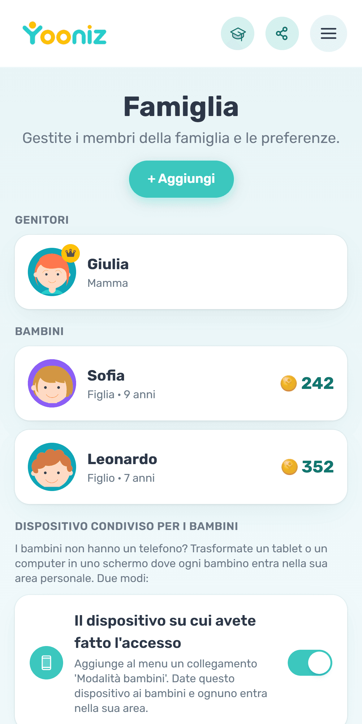 Aggiungete i membri della famiglia