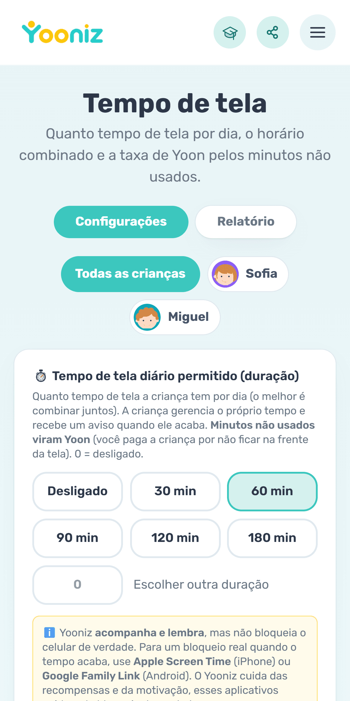 Combine o tempo de tela