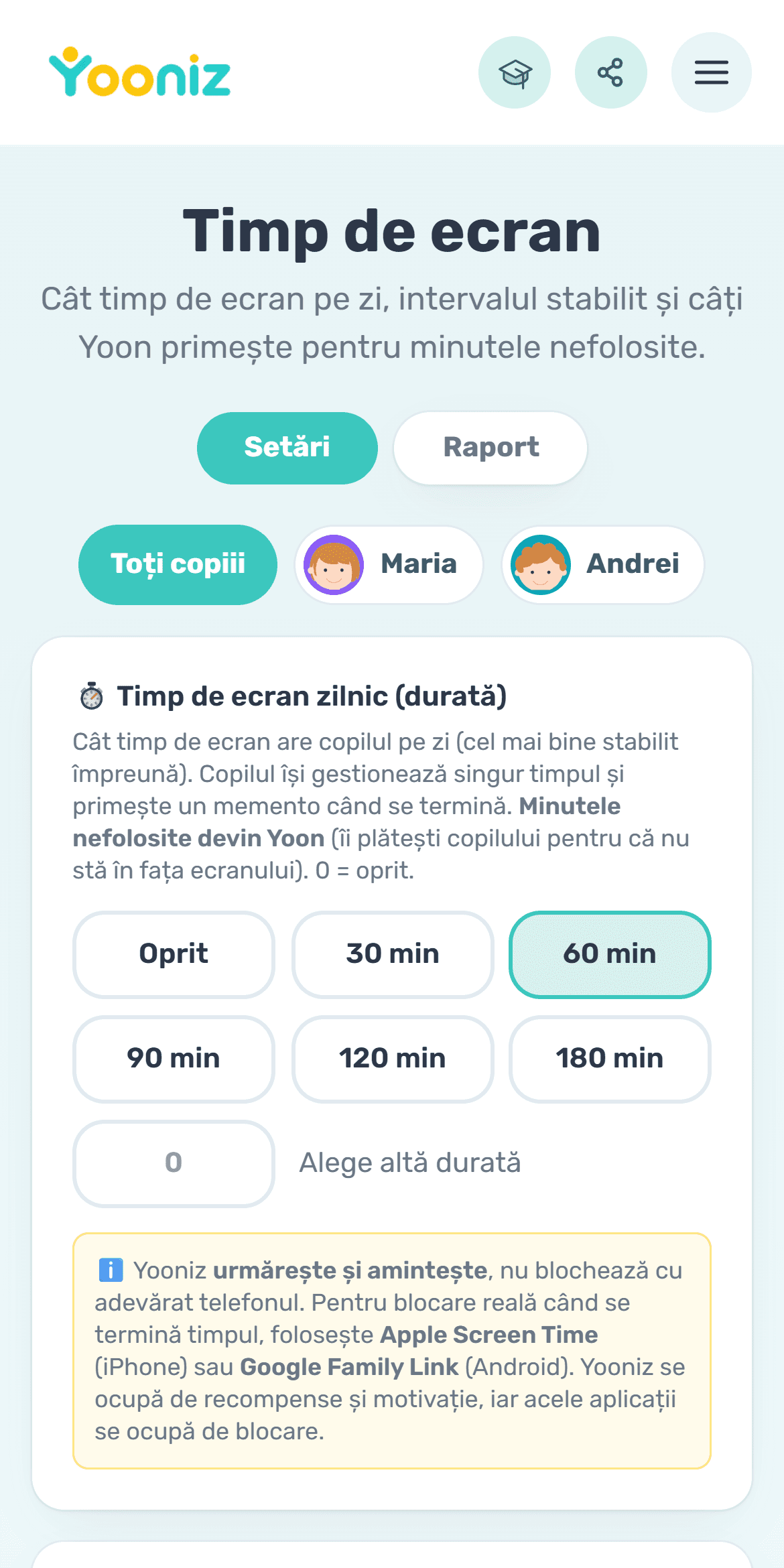 Stabilește un timp de ecran agreat