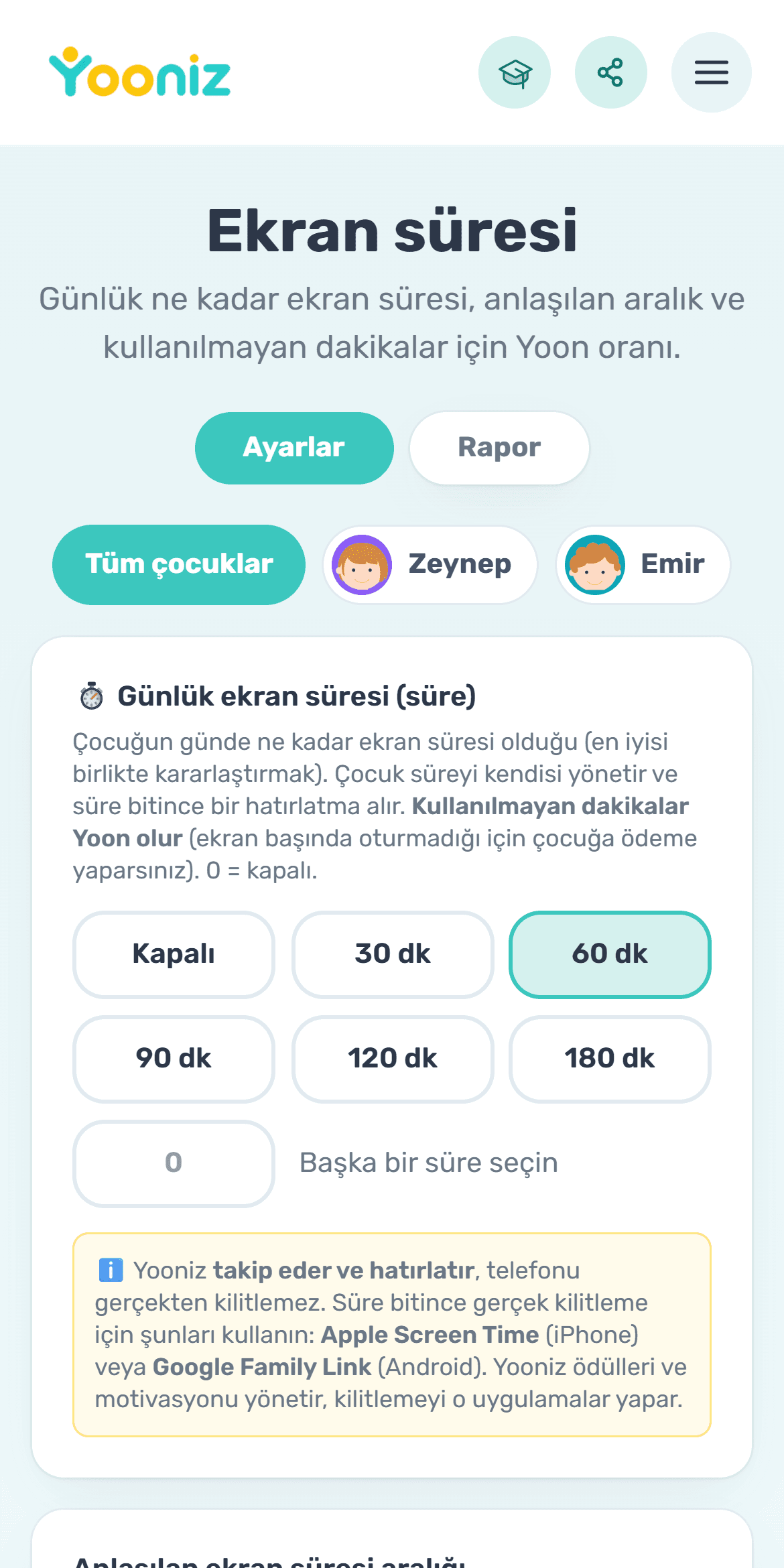 Üzerinde anlaşılmış bir ekran süresi belirleyin